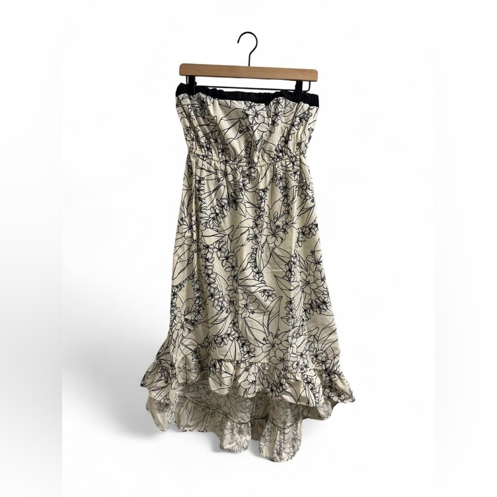1990s Hawaiian Ruffle Hem Strapless Dress in Cream and Black